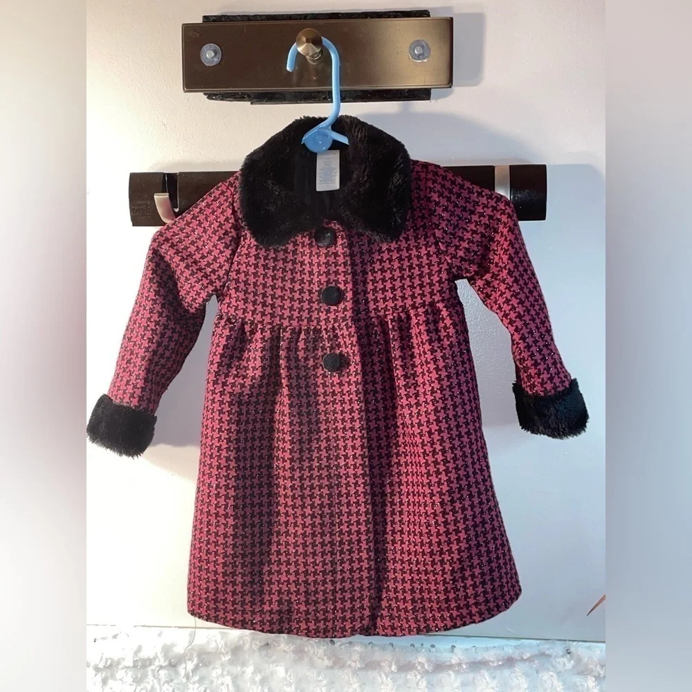 NWOT X-MAS HOLIDAY BLACK FUCHSIA PINK FAUX FUR COLLAR HOUNDS TOOTH JACKE…